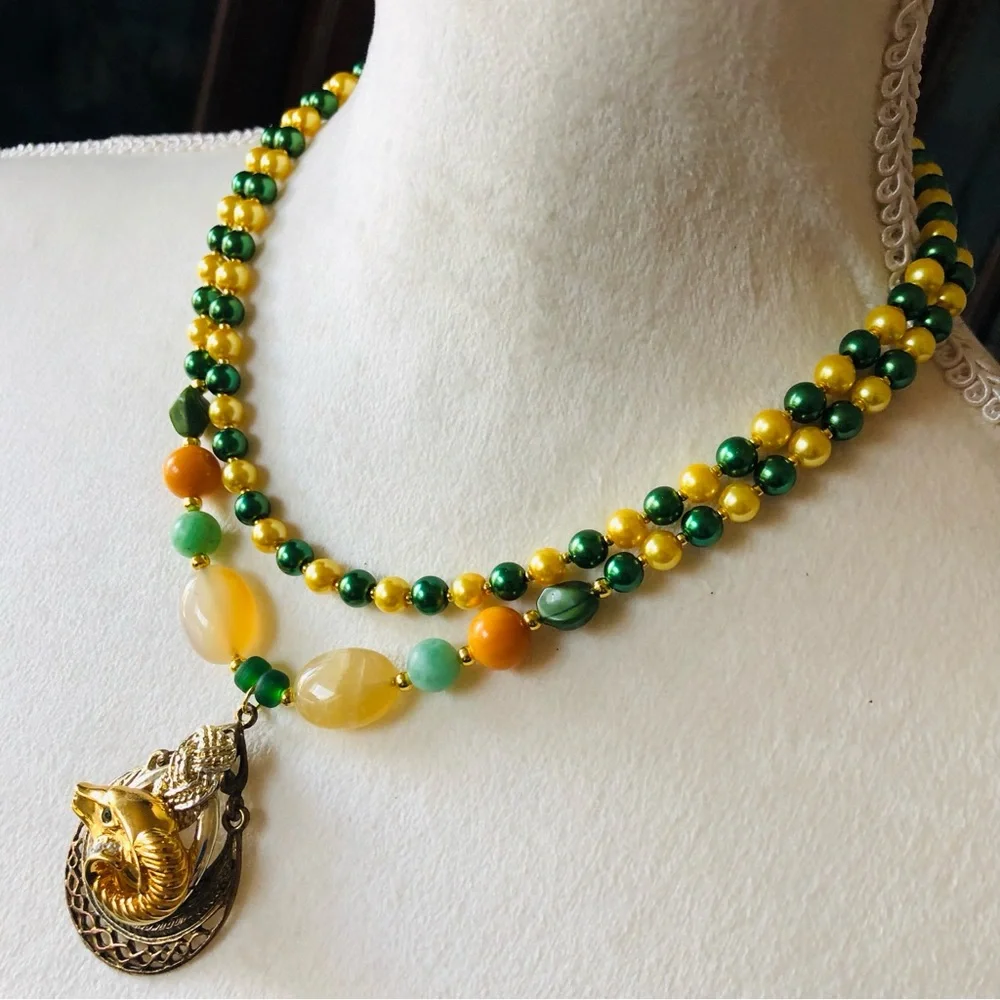 Handcrafted repurpose double strand KJL emerald ram Czech glass Pearl necklace